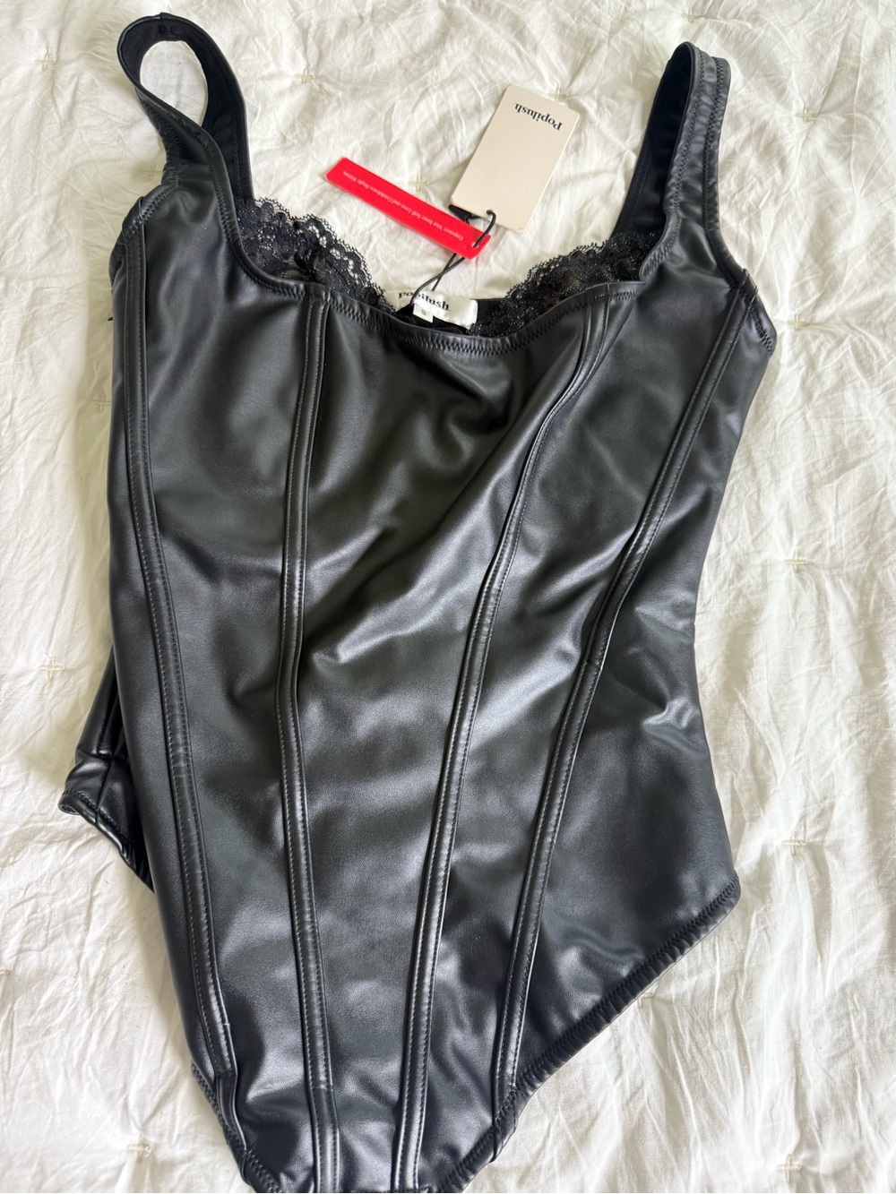 Faux Leather Black Lace-Trim Bodysuit